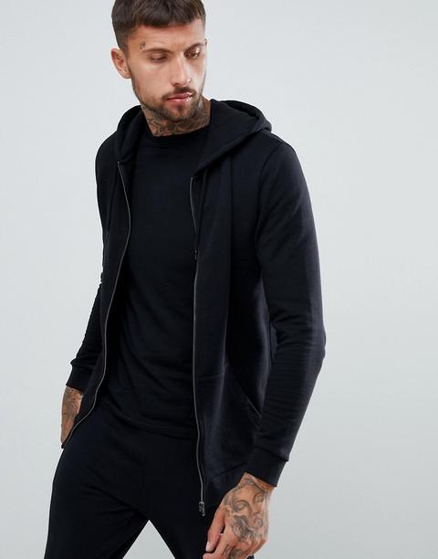 Asos Design - Felpa Lunga Nera Con Cappuccio E Zip - Nero