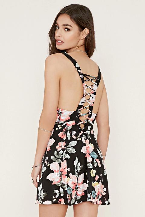 Lace-up Floral Print Dress