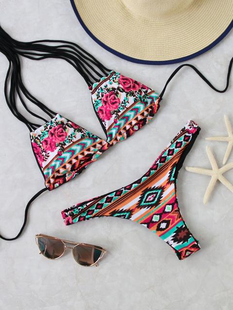 Multicolore Stampato Halter Bikini