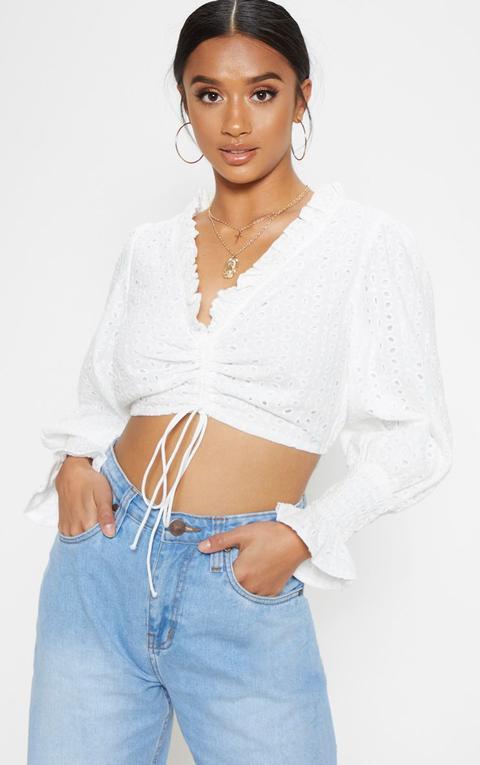 Petite White Cropped Ruched Lace Top