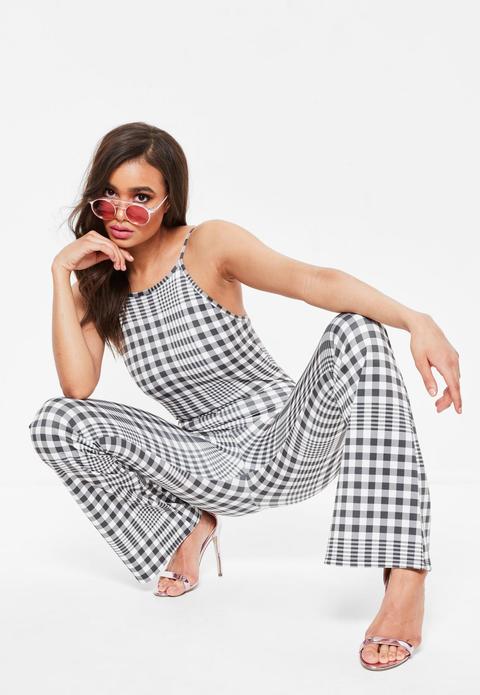 Black And White Gingham Jumpsuit, White