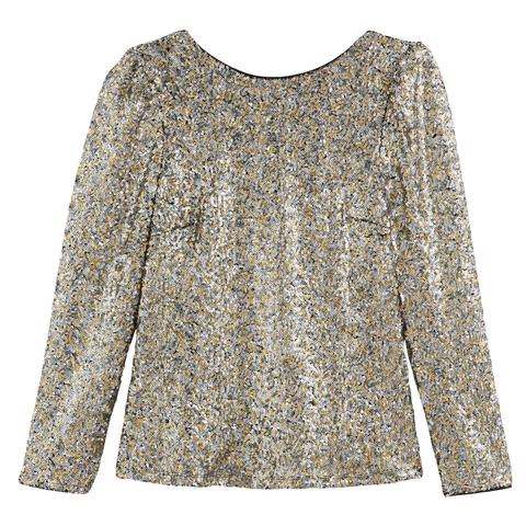 Blouse Col Rond À Sequins, Col V Au Dos