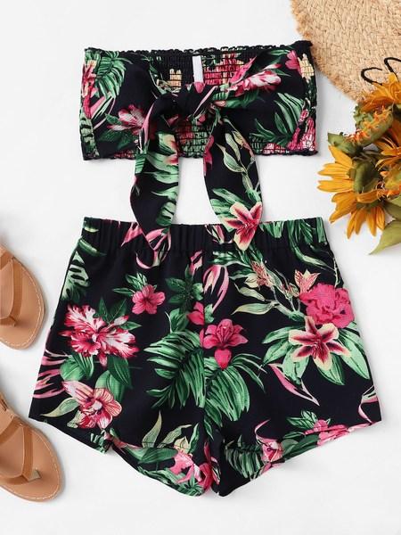 Set Di Top E Shorts A Forma Di Cravatta Con Shirred Tropical