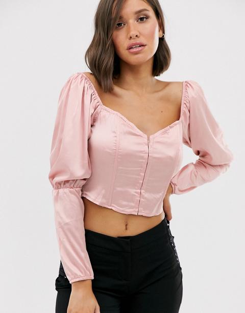Top Tipo Corsé De Satén Rosa Con Mangas Abombadas De Missguided