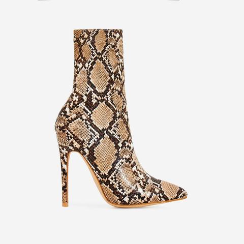 Boa Ankle Sock Boot In Nude Snake Print Faux Leather, Nude