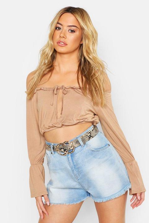 Womens Petite Off Shoulder Tie & Frill Crop Top - Brown - 10