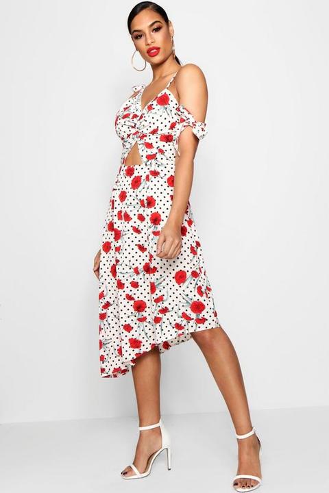 Floral And Polka Dot Midi Skater Dress