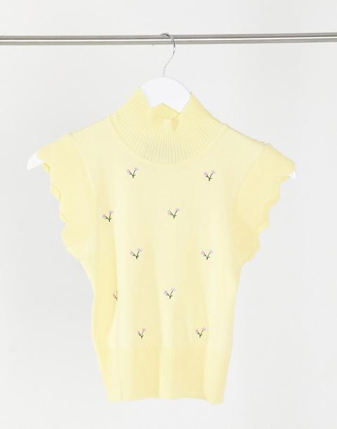 Heartbreak Embroidered High Neck Knitted Top Co-ord In Lemon-yellow