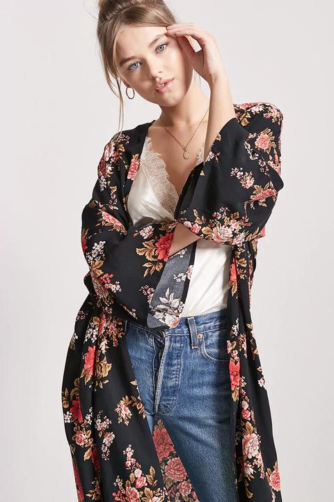 Longline Floral Print Kimono