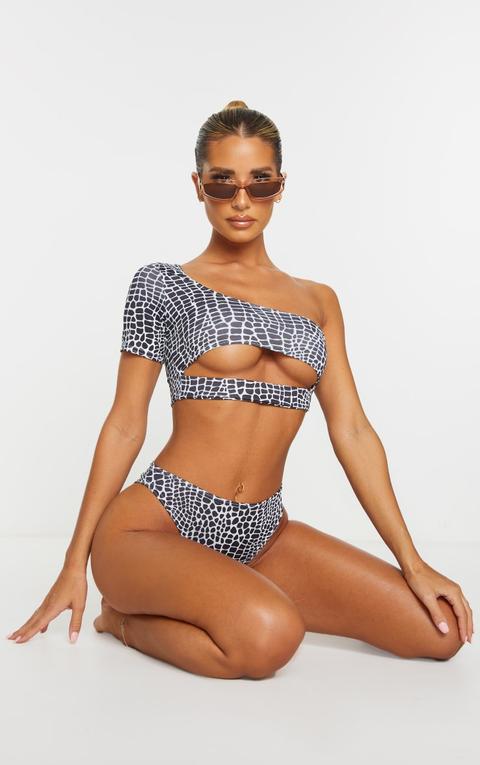 Monochrome Snake Elasticated Cut Out One Shoulder Bikini Top