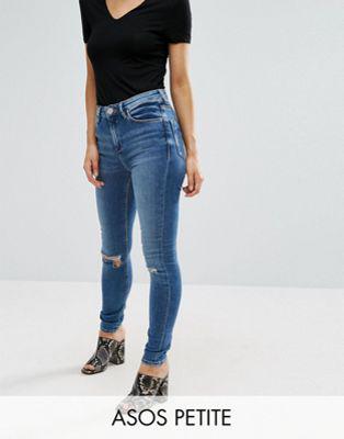 Asos Petite - Ridley - Jeans Skinny Lavaggio Grigio Pietra Medio Darmera Con Strappi Alle Ginocchia - Blu