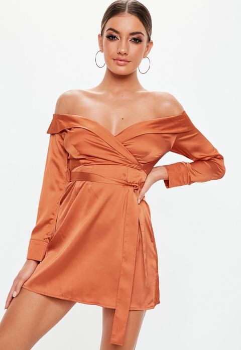 Rust Satin Bardot Tie Mini Dress, Rust