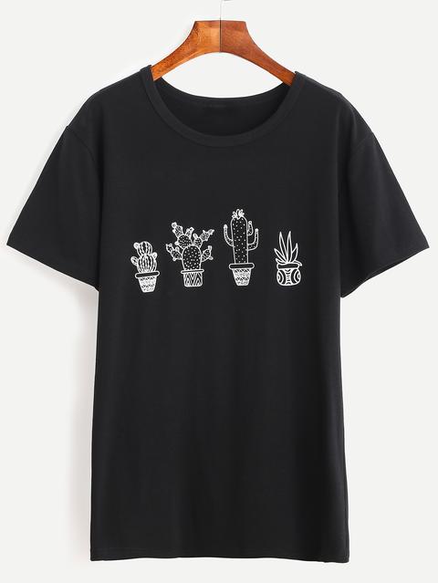 Black Cactus Print T-shirt