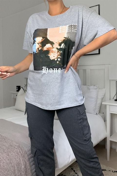 Grey Honey Flower Print Oversized T, Grey