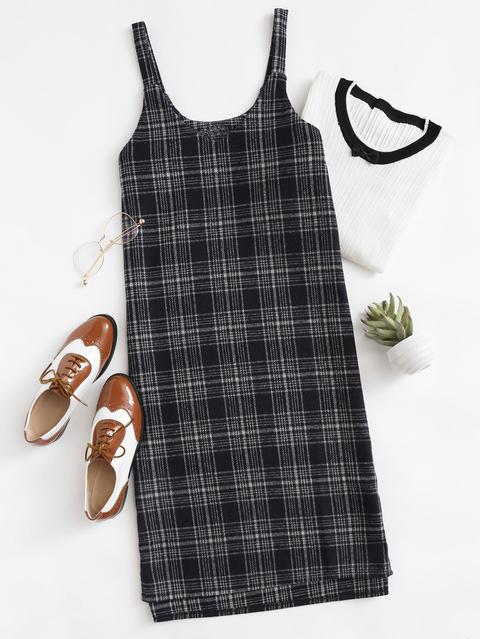 V Neckline Plaid Pinafore Dress