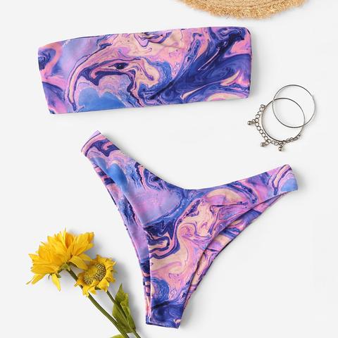 Watercolour Print Bandeau High Leg Bikini Set