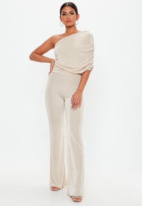 Nude Slinky One Shoulder Drape Jumpsuit, Stone