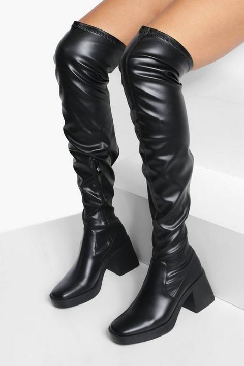 Womens Pu Thigh High Platform Boots - Black - 3, Black