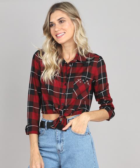 Camisa Feminina Cropped Estampada Xadrez Com Ilhós Manga Longa Vermelha Escuro