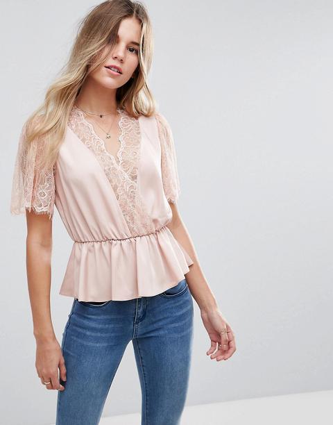 Blusa Cruzada Con Ribete De Encaje De Asos