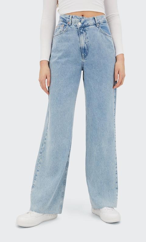 Stradivarius Jean Straight À Taille Asymétrique Denim Clair 38