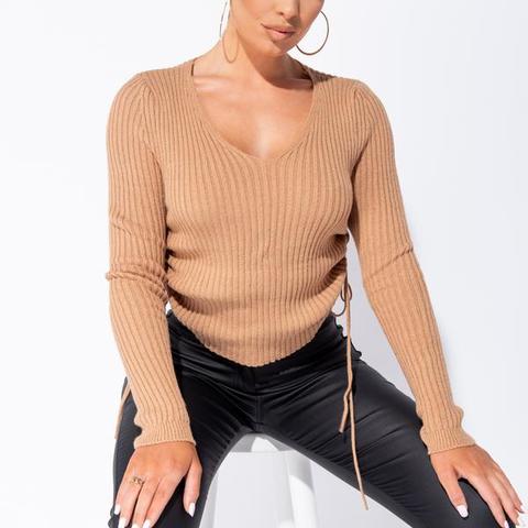 Camel V Neck Ruched Side Rib Knit Crop Jumper