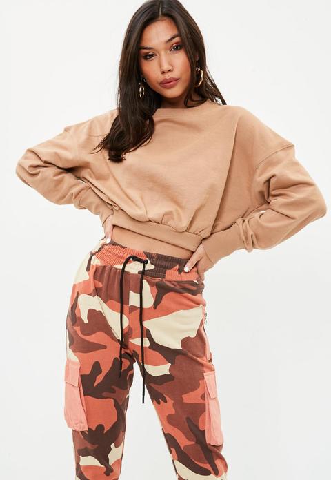 Tall Tan Long Sleeve Cropped Sweatshirt, Tan