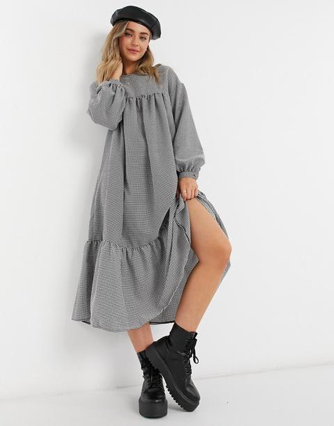 Asos Design Oversized Check Midi Smock Dress With Pephem In Black/white-multi