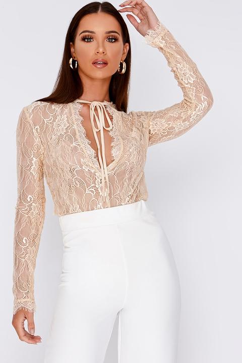 Cream Bodysuits - Shawna Cream Plunge Neck Lace Bodysuit