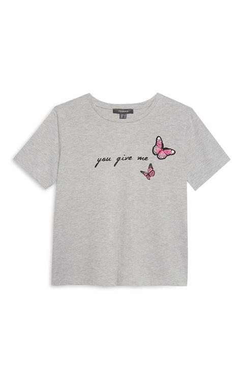 Grey Slogan Butterfly T-shirt