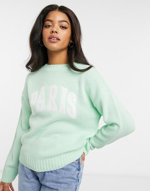 Asos Design Jumper With Paris Logo In Mint-green