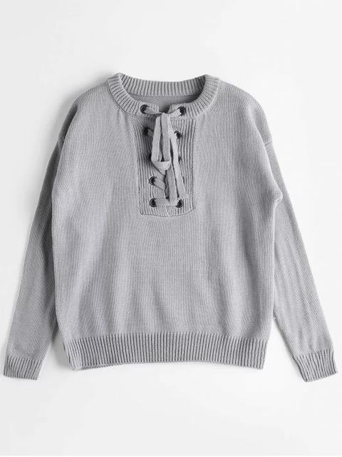 Grommet Lace Up Sweater Khaki Gray Black