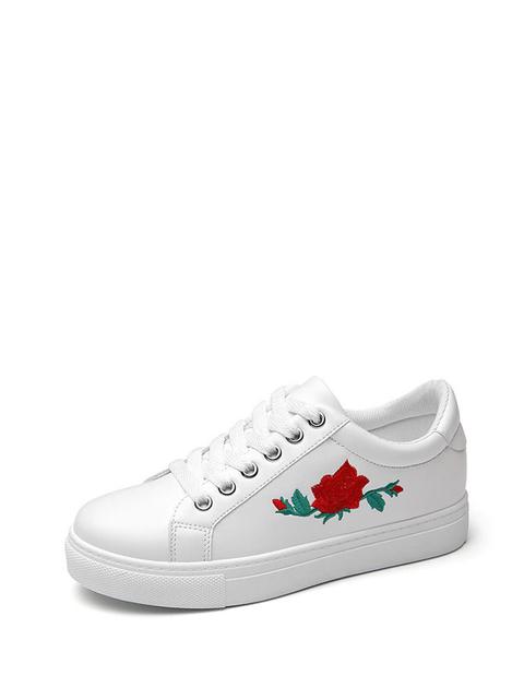 Flower Embroidery Pu Lace Up Sneakers