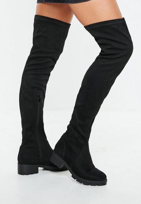 Black Knee High Cleated Sole Boots, Black