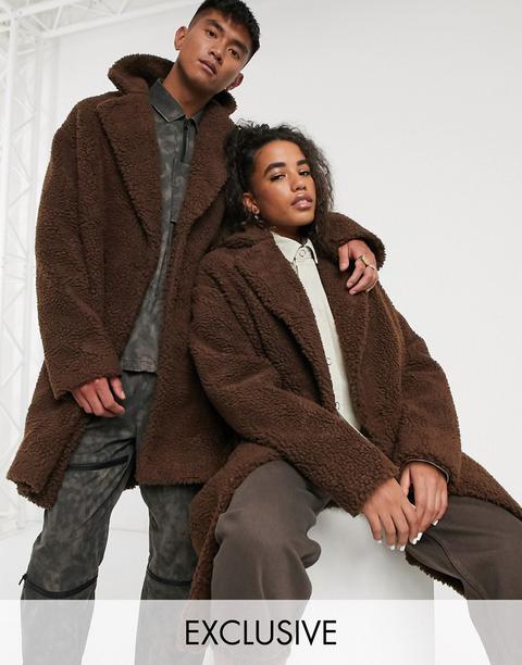 Collusion Unisex Teddy Overcoat In Brown