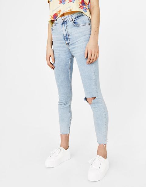 Jeans High Waist Fit Con Strappi E Orlo Asimmetrico