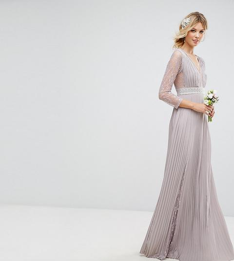 Vestido Largo Plisado De Manga Larga Con Aplicaciones De Encaje Y Adornos En La Cintura De Tfnc Tall