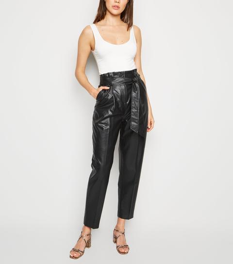 Black Leather-look Tie High Waist Trousers New Look