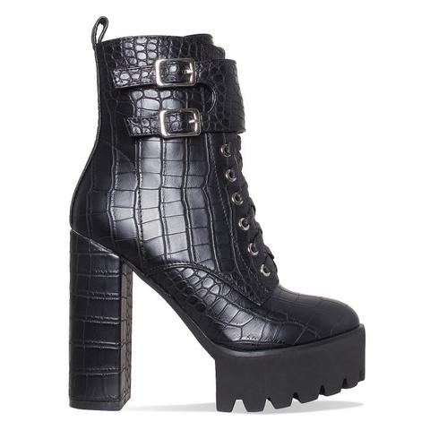 Lois Black Croc Lace Up Platform Ankle Boots