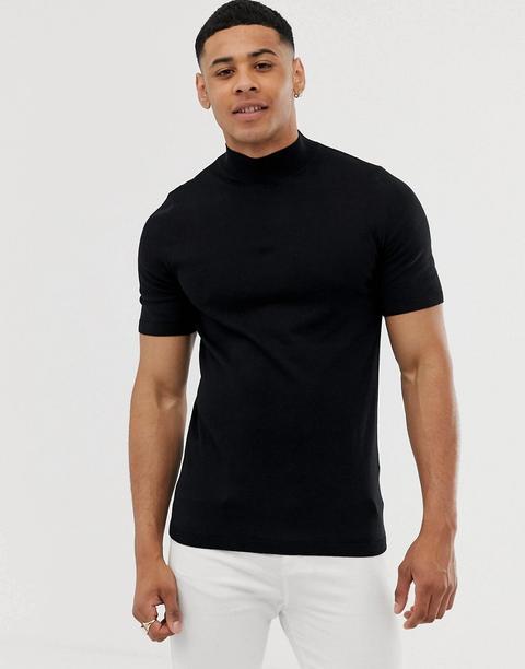 Asos Design - T-shirt Moulant Col Roulé En Maille - Noir - Noir