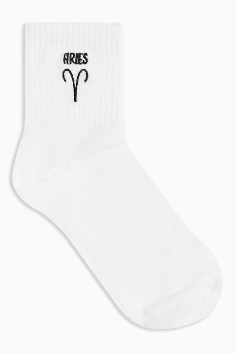 Womens Aries Embroidered Tube Socks - White, White