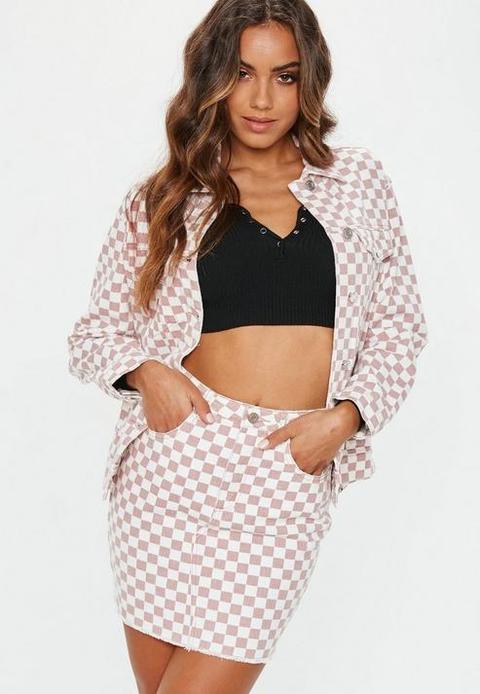 Pink Checkerboard Denim Skirt, Pink