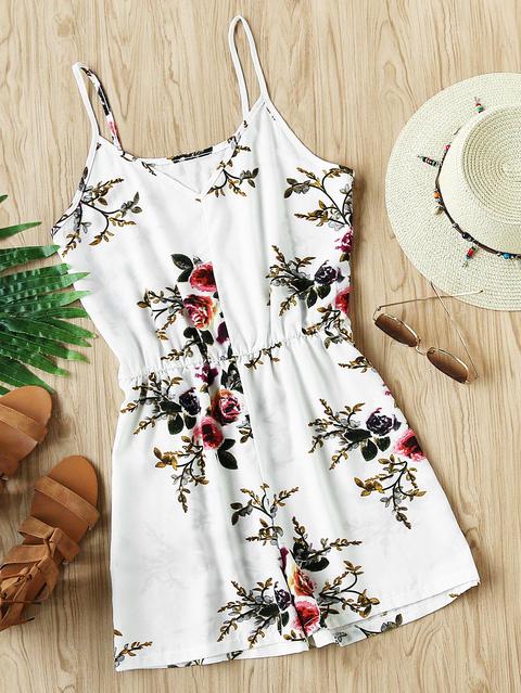 Botanical Print Elastic Waist Playsuit