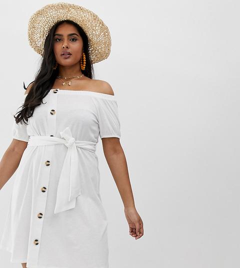 Vestido De Playa Con Escote Bardot Con Diseño Flameado Y Botones De Asos Design Curve-blanco