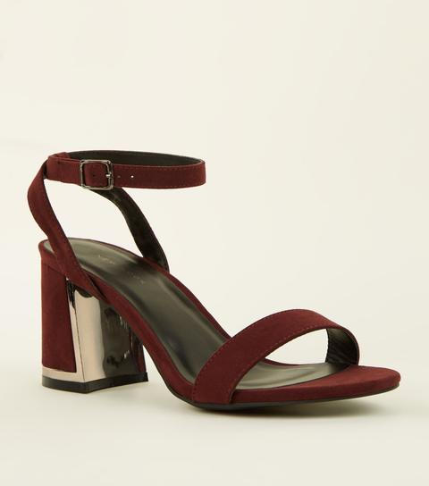 Burgundy Suedette Metal Panel Flare Heel Sandals New Look