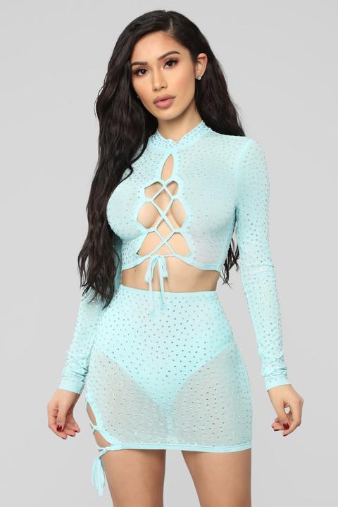 Brighten Me Up Rhinestone Skirt Set - Light Blue