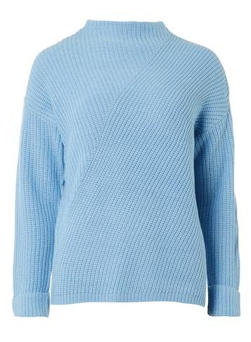 Womens Blue Diagonal Rib High Neck Jumper- Blue, Blue