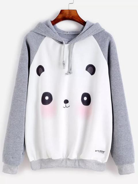 Contrast Cartoon Panda Print Raglan Sleeve Hooded Sweatshirt