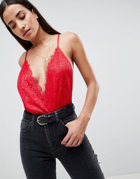 Asos Design - Body Con Pizzo E Spalline Sul Retro - Rosso