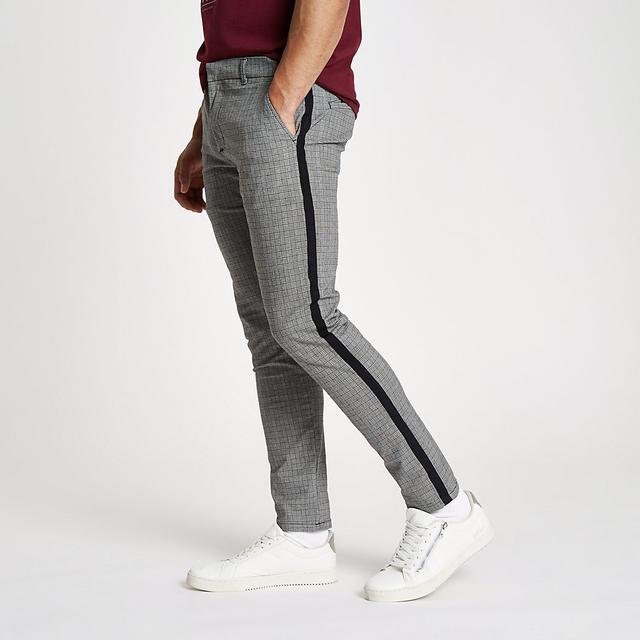 grey check skinny fit tape chino trousers